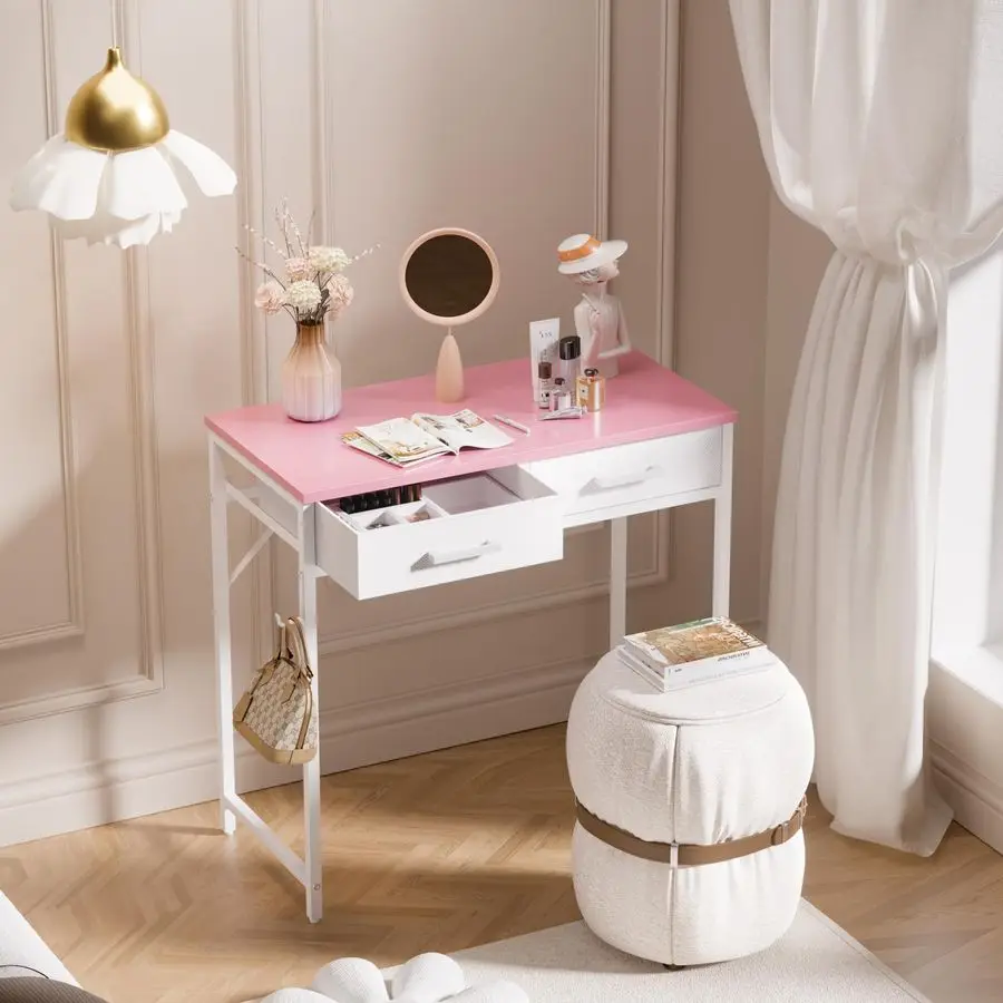 مكتب كمبيوتر صغير مقاس 32 بوصة مع درجين لغرفة النوم والدراسة والكتابة وطاولة المكتب المنزلي للمساحات الصغيرة باللون الوردي #2