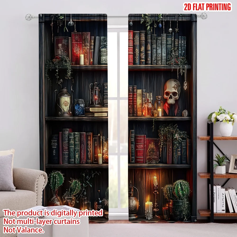 2pcs 2D flat printing Curtains Mystical Bookshelf 100% Polyester Without Electricity Party Decorations Perfect for Indoor