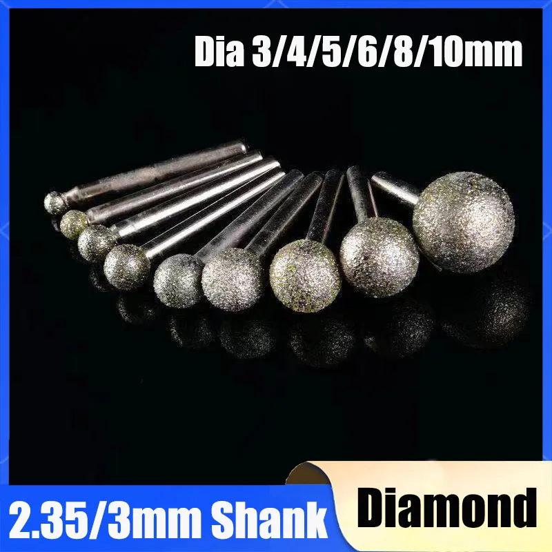 

5/20/50Pcs 3/4/5~10mm 60# Grit Ball Diamond Grinding Head Needle Bits Burrs Engraving Carving Tool 2.35/3mm Shank Polishing Tool