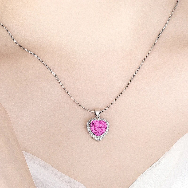 Neue Mode 925 Sterling Silber Herz CZ Anhänger Halsketten Frauen Schmuck Jahrestag Geschenk Lila & Rot & Rosa Zirkon Schlüsselbein kette – Detail 22