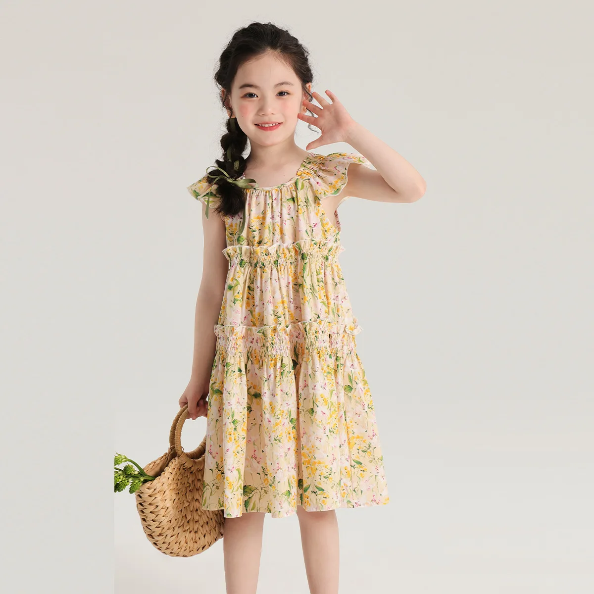 Girl Dress 2024 Children Dress Floral Small Flying Sleeve Floral Skirt Wheat Girls Dress Skin Friendly Baby Girl Floral Skirts