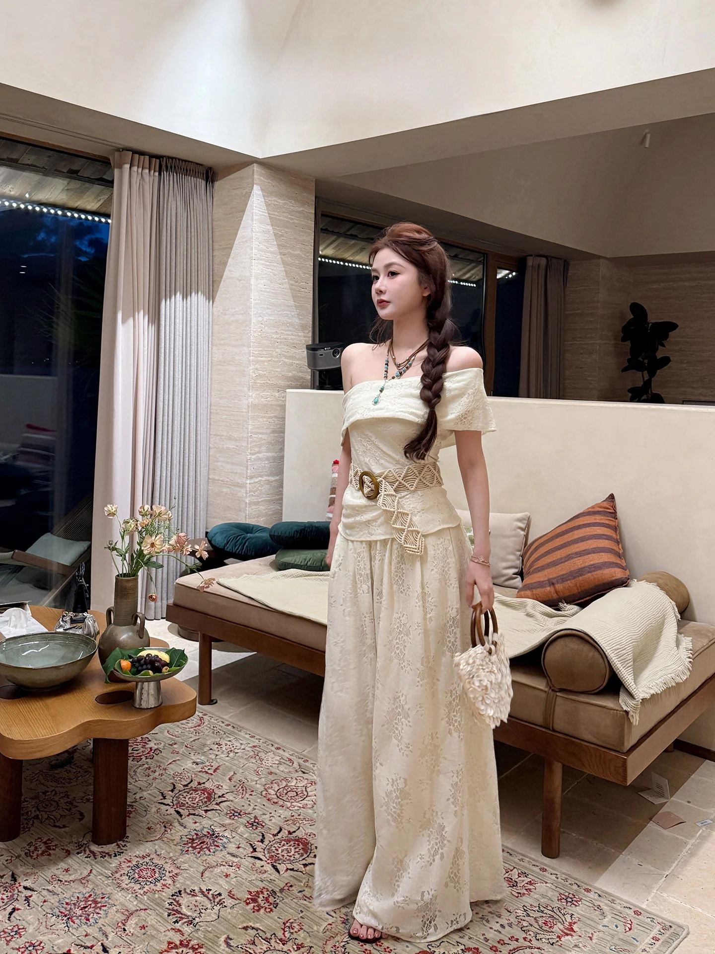 

AZZHEN Summer Fashion Set Cotton Woven Irregular Waist Belt with Wide Leg Pants One Shoulder Top Women's Ensemble