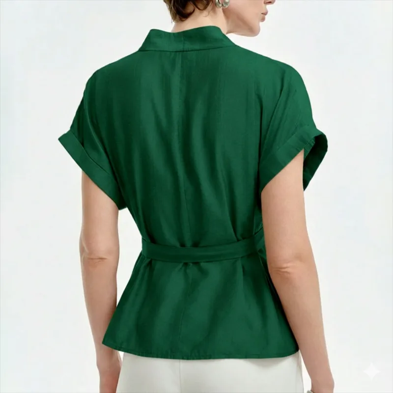 UOOZEE 2026 New Summer Tie Waist Pleated Tops For Women Short Sleeves Deep  V-Neck Loose Fit Office Ladies Commute Blouses view 2