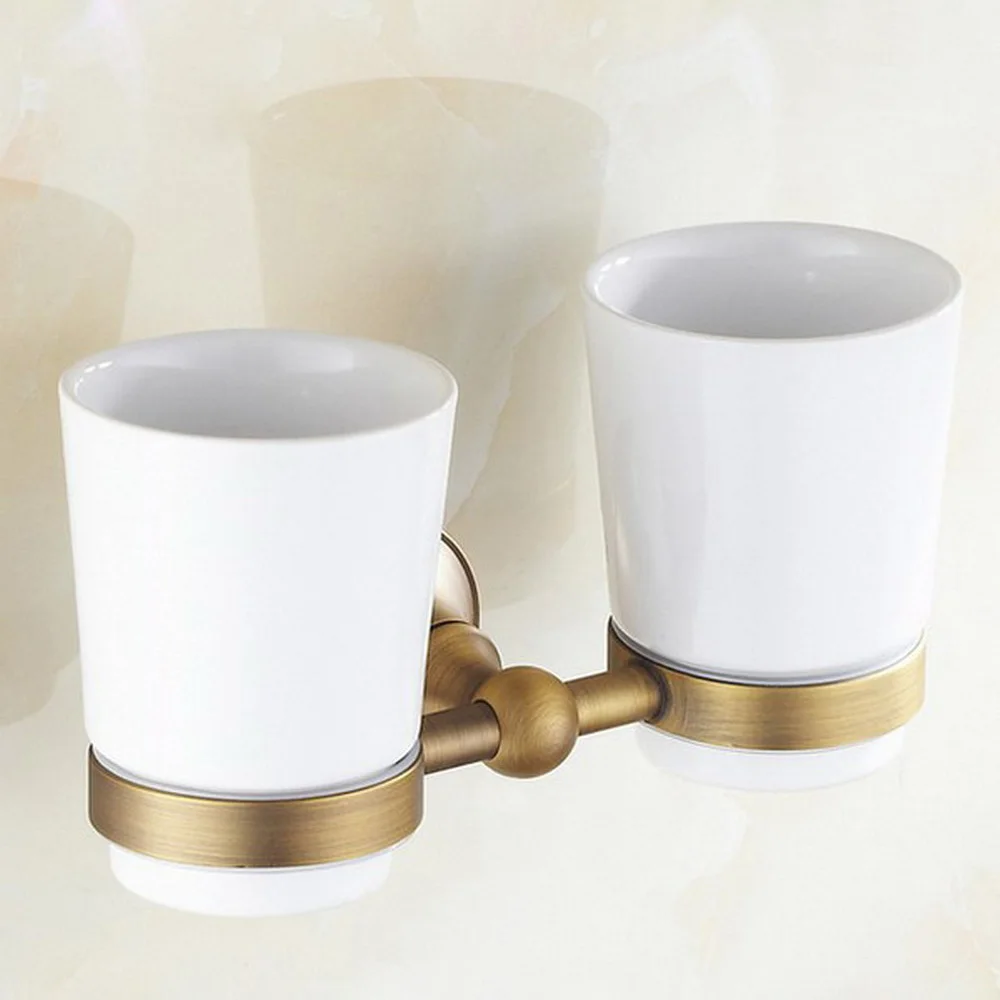 

Antique Brass Ceramic Bath Toothbrush Holder Double Cup Tooth Brush Cups Bathroom Accessories Hardware zba145