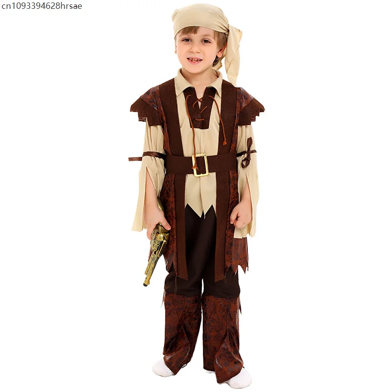 

Brown Coat Jack Captain Purim Carnival Fancy Dress Up Boy Caribbean Pirate Halloween Costume