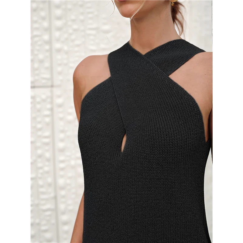 ABRT-Women Halter Cross- Over Collar Tank Knit Sleeveless Top Solid Color Casual Summer Blouse