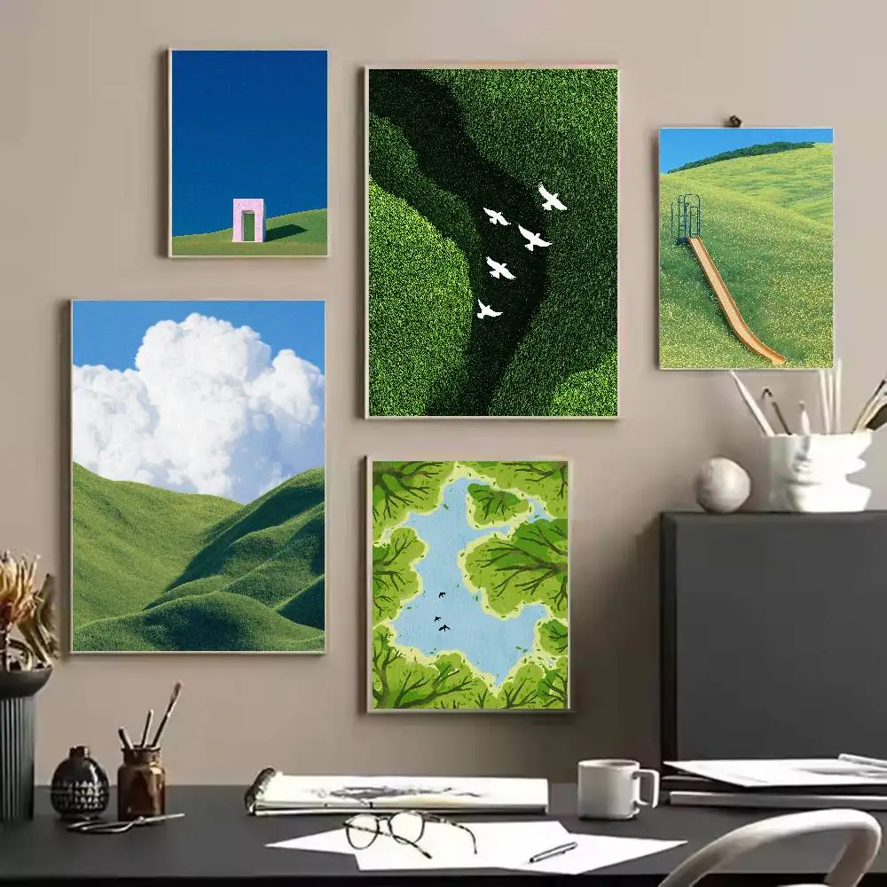 Fresh Green Rolling Hills Poster Serene Pasture Meadow Lake Mountain Minimal Nature Landscape Calm Rural Wall Art for Home Decor