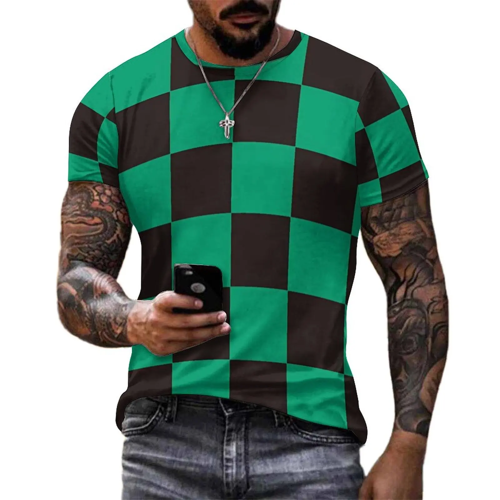 Anime Black And Green Check T Shirt  Men Vintage T-Shirts Premium Custom Tee Shirt Short-Sleeve Awesome Big Size Tops