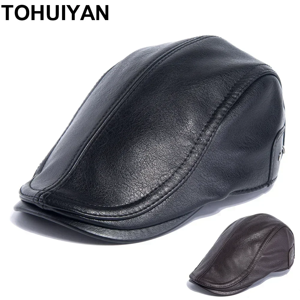 Top Grade  PU Leather Newsboy Cap Hat Winter Beret Homme Gatsby Hats Autumn Warm Flat Caps Vintage Boinas Baker Boy Hat for Men