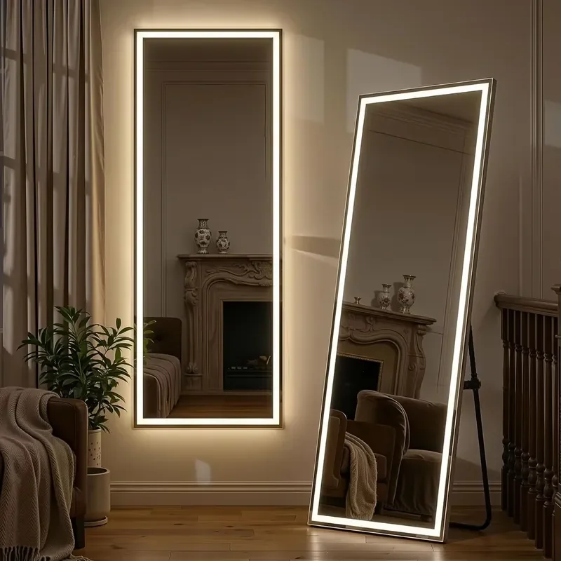 71x26 Inch Modern Aluminum LED Floor Mirror Rectangular Metal Frame Dimmable Tricolor Light Adjustable Vertical Stand Hanging