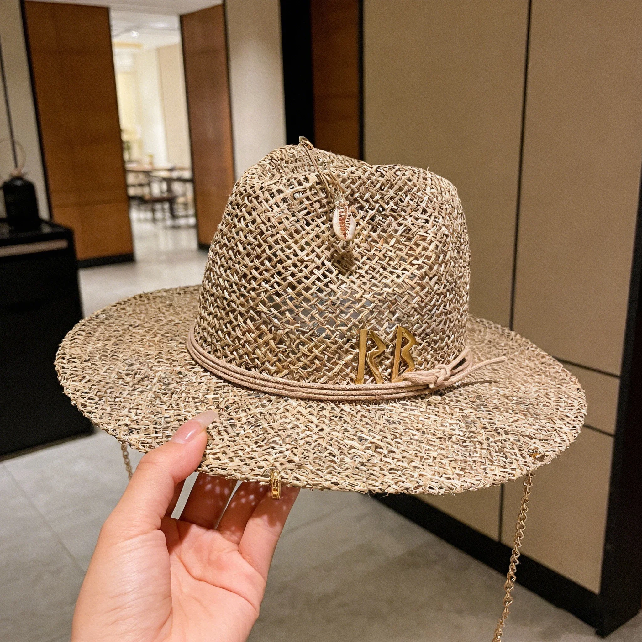 Womens Straw Hat Wide Brim Beach Sun Hat with Metal Chain Letter Openwork Design Elegant Summer Cap Fashion Holiday