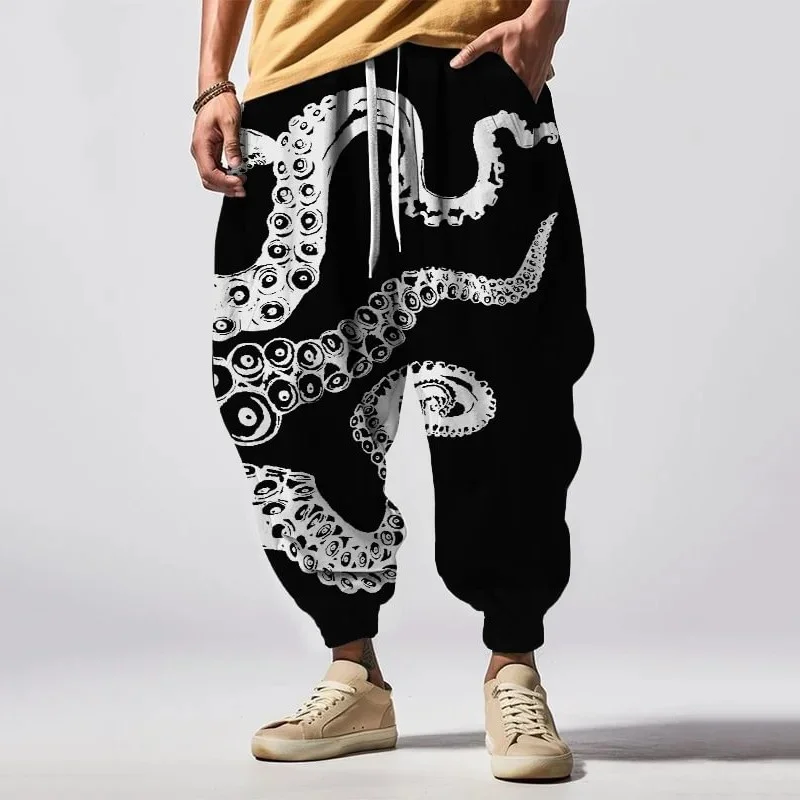 Autumn Holiday Carrot Trousers Octopus Tentacles Art Graphic Print Casual Loose Drawstring Sweatpants Fashion Long Bottoms Males