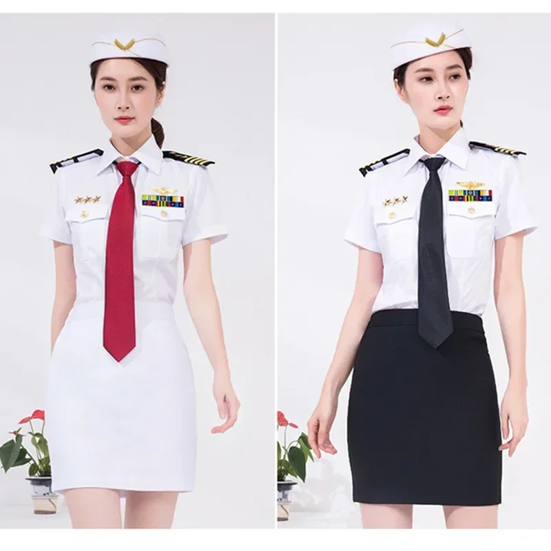 Summer White Shirt Office Lady Captain Sailor Tops Aviation Uniform Stewardess Professional Slim Performance Dress For Cosplay