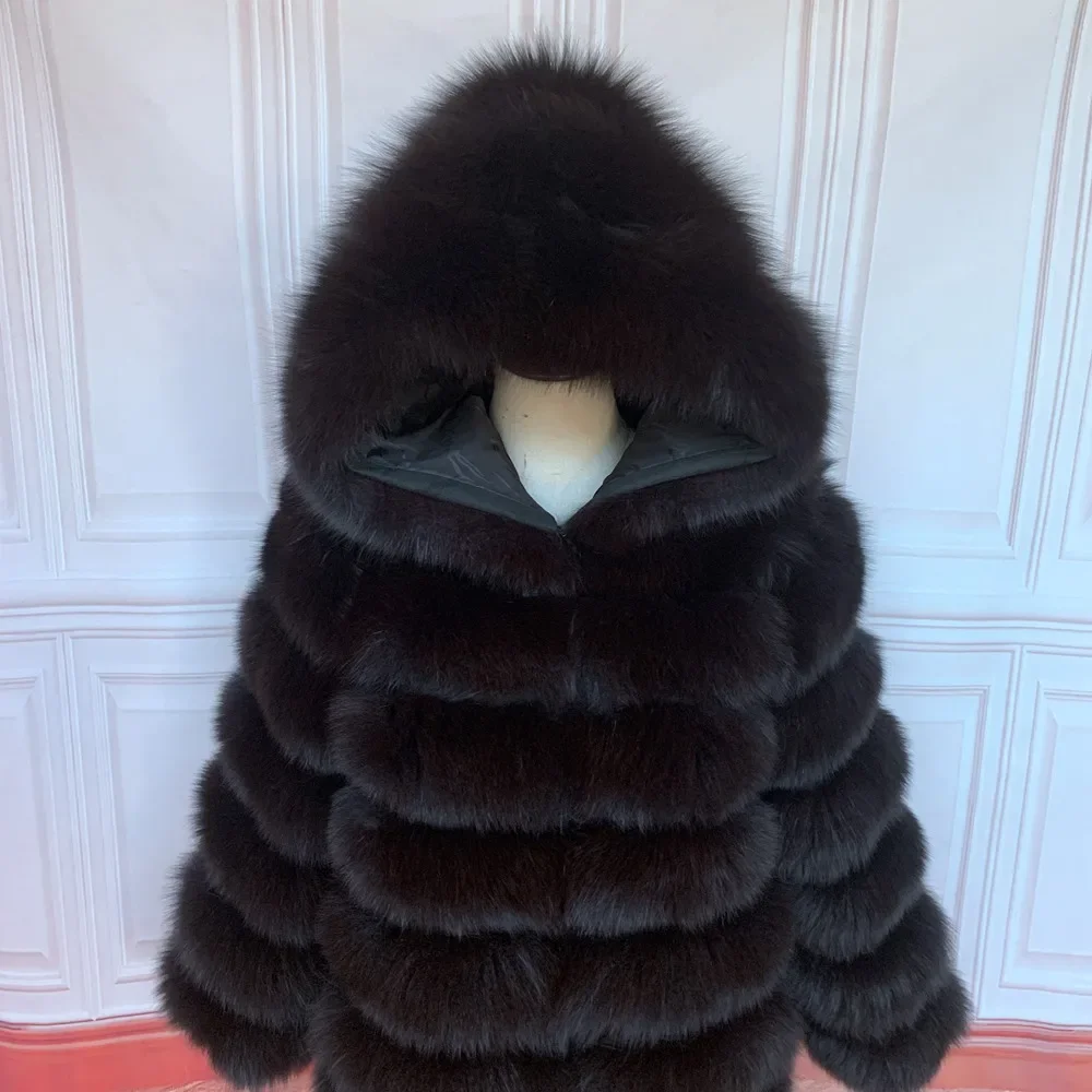 QUEENTINA Hood Fur Coat Women Real Fox Long New Luxury Female Natural Leather Jacket Warm Thick Long Winter Fur Vest Waistcoat