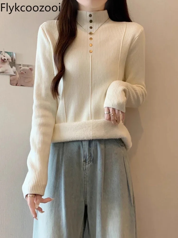 

Autumn and Winter All-in-one Velvet Knitted Bottoming Sweater Korean Style Half Turtleneck Slim Fit Velvet Warm Pullover