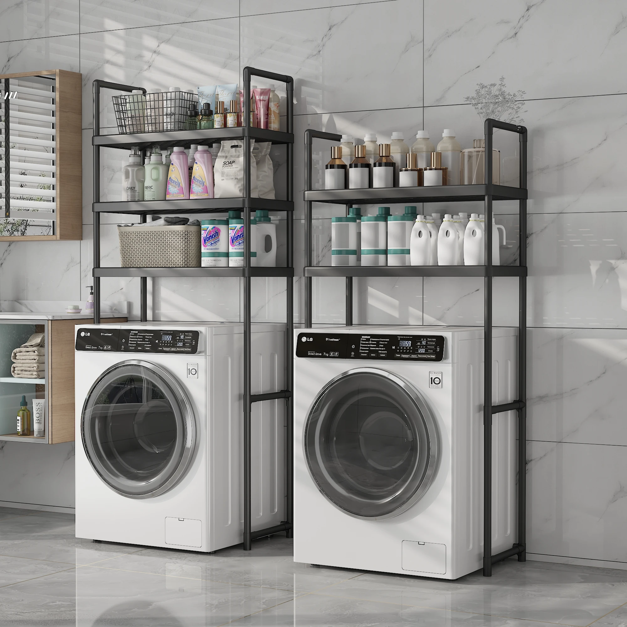 2-3 Tier Expandable Bathroom Storage Rack, Washing Machine Storage Rack Storage Rack Above the Toilet, Easy Installation Without Drilling, Built-In Detachable Storage Rack for Bathroom Essentials, Black Steel Freestanding Storage Box, Storage Supplies and Shelves for Bathroom, Balcony, and Laundry Room, High-Strength Shelves.