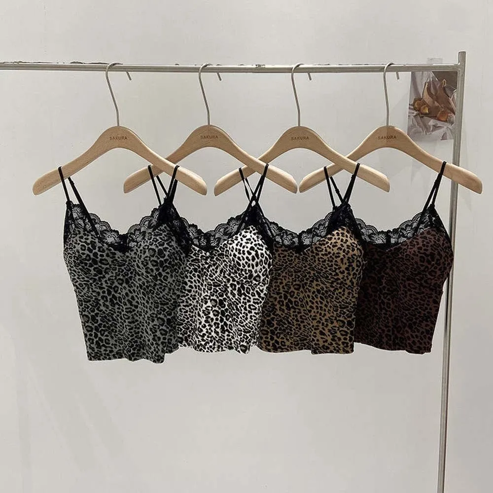 with Breast Pads Lace Leopard Print Camisole Lace Leopard Slim Fit Crop Tops Splicing Sleeveless Tanks Suspender Vest