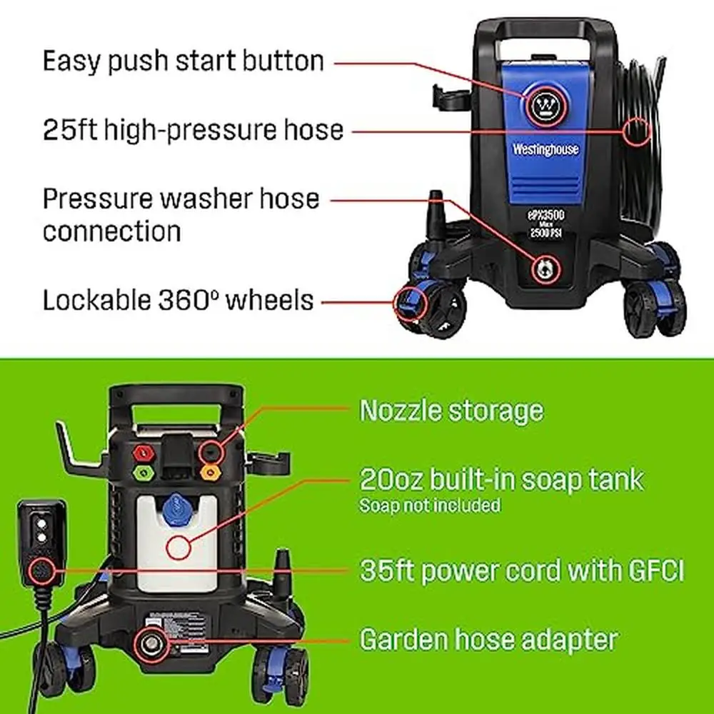 Electric Pressure Washer 2500 PSI 1.76 GPM Anti-Tipping Technology Soap Tank Pro-Style Wand 360° Steering Design Lightweight &