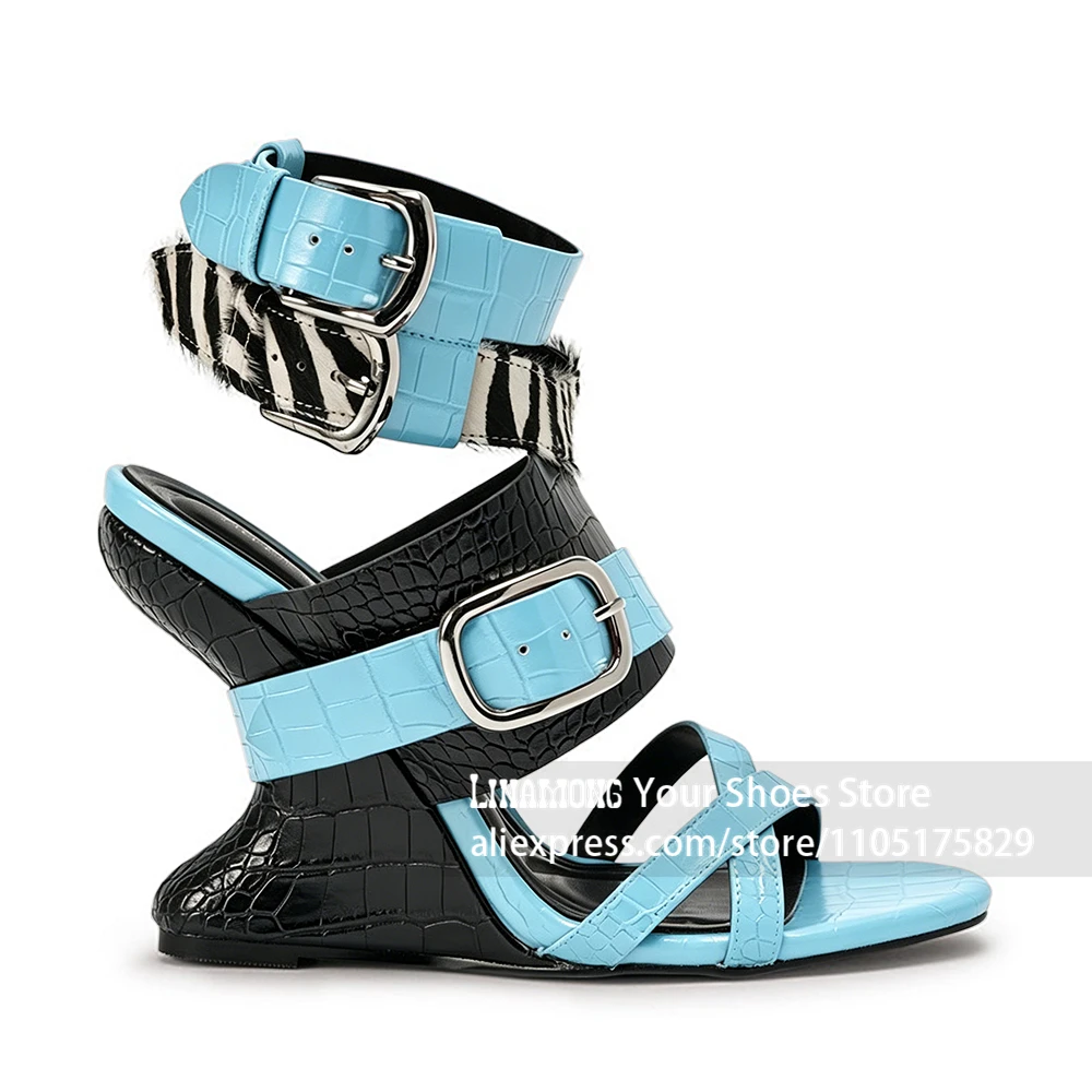 Sculpted Wedge Zebra Faux Horsehair Sandals Metal Buckle Strap Open Toe Wedge Heels Multi Strap Designer Style Summer Footwear view 2
