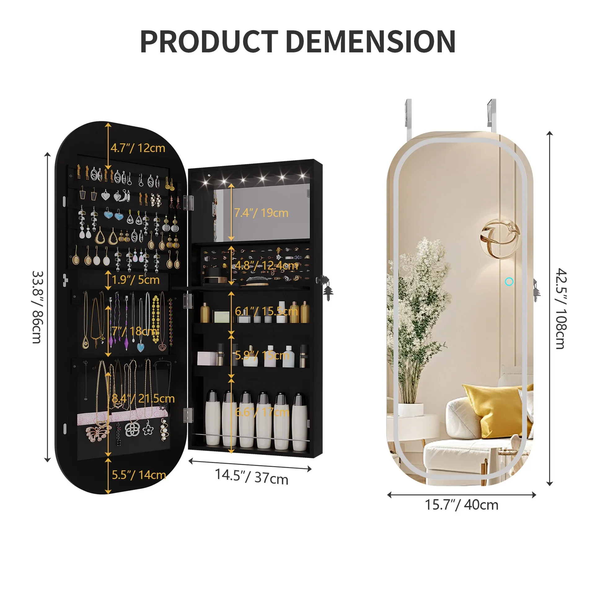 Oval LED light jewelry cabinet, jewelry display cabinet, wall-mounted storage mirror cabinet, multi-function lockable full-body