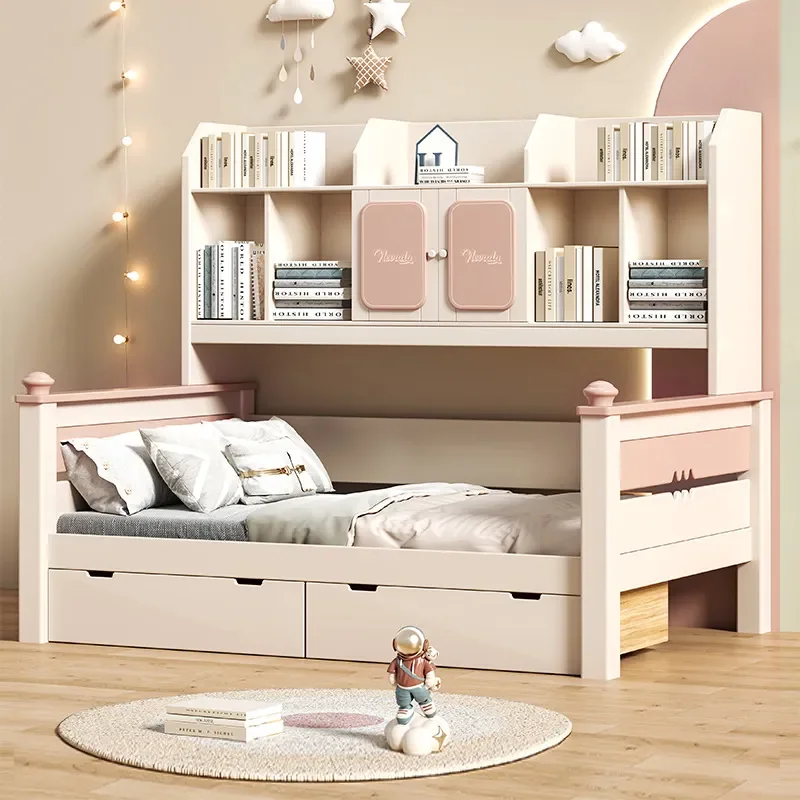 Craft Full Solid Wood Bed Wardrobe for Boys Pink Integrated Children's Bed with Bookcase High Box Storage Space-Saving Design fo