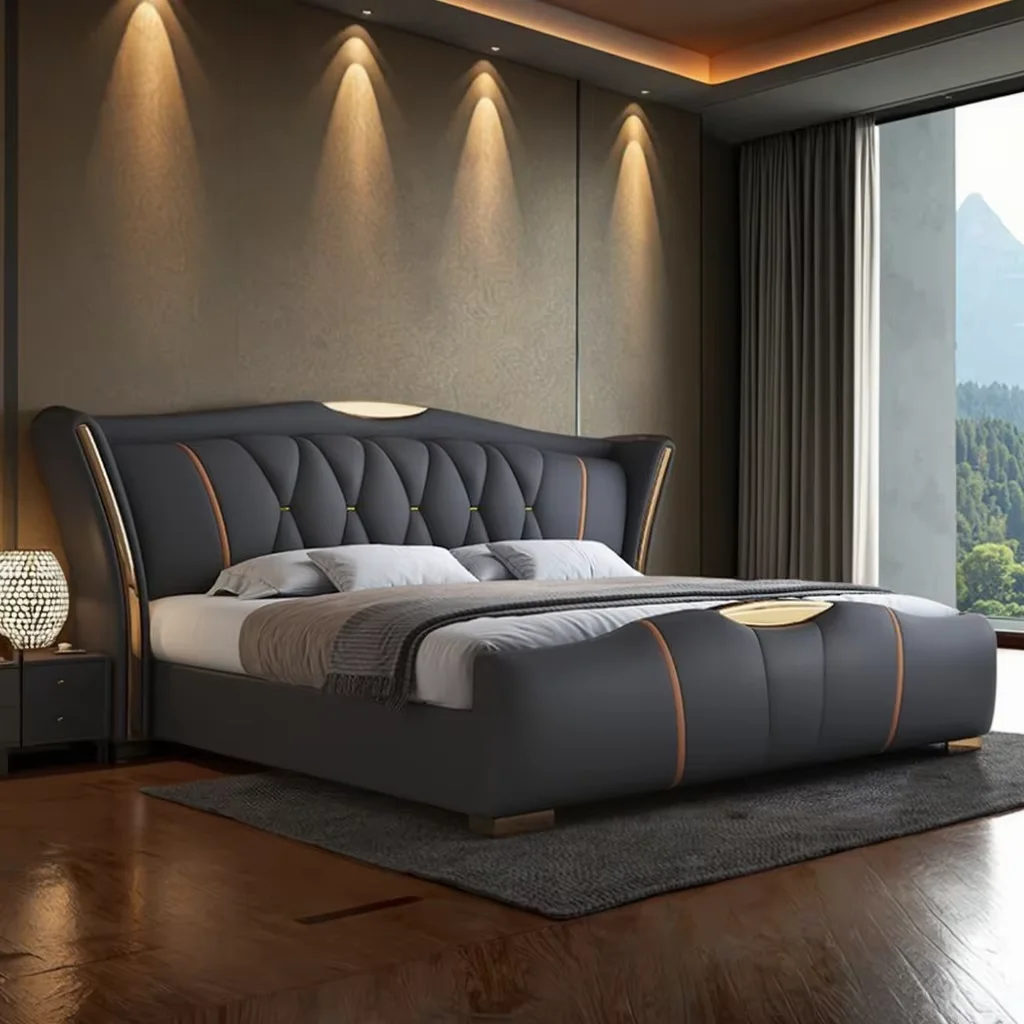 

King Size Bedding Luxury Bedroom Furniture Modern Wood Elegant Bed Frame Upholstered Leather Bed With Storage