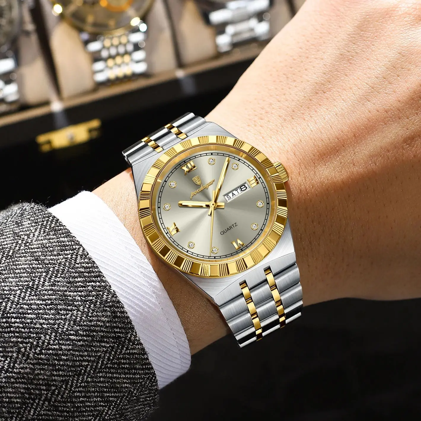 Poedagar marca de luxo relógios masculinos à prova dwaterproof água aço inoxidável relógio luminoso masculino semana data moda masculino quartzo relógio pulso reloj