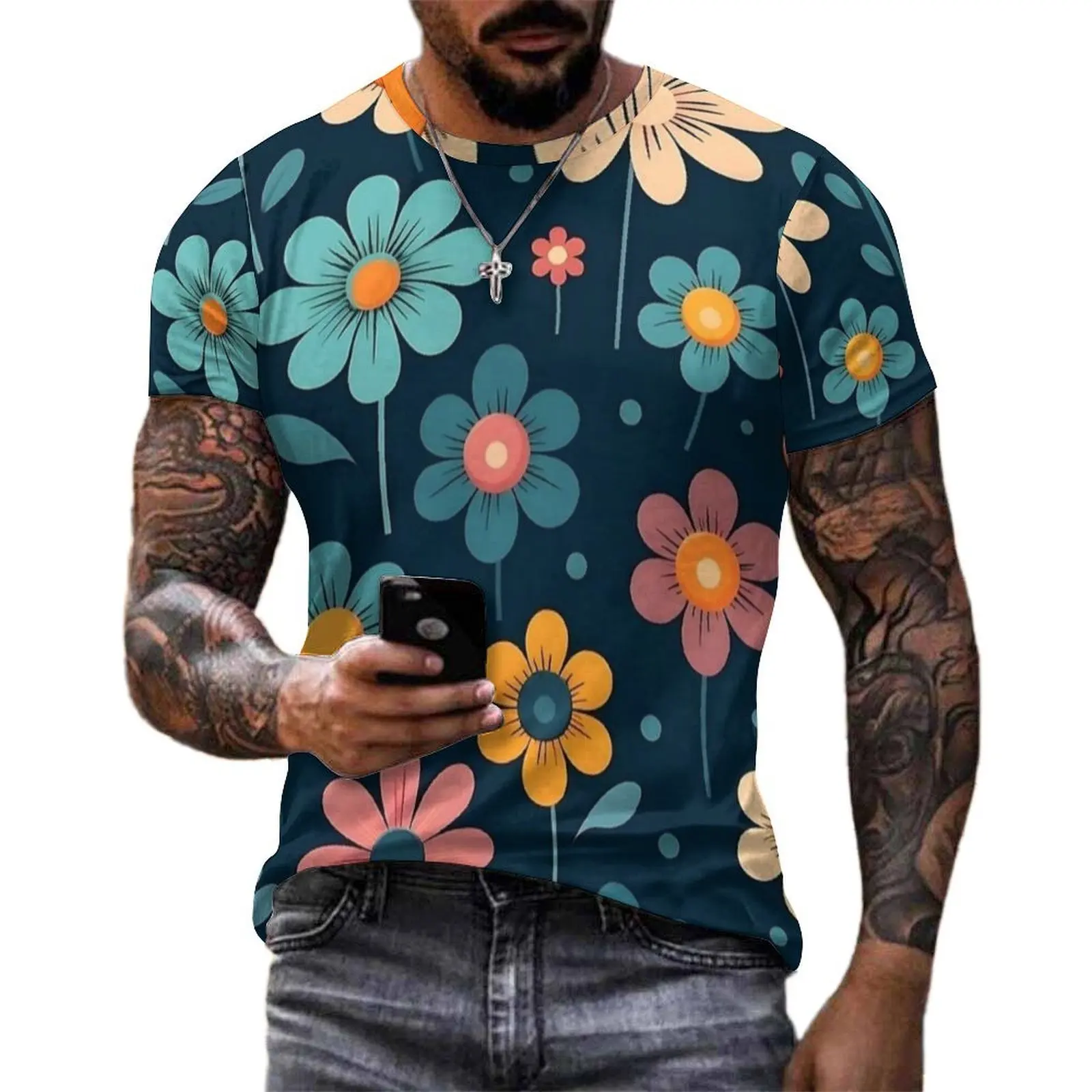 Retro Colorful Floral Print T Shirt Man Novelty T-Shirts Beach Pattern Tee Shirt Short-Sleeved EMO Casual Plus Size Tops Present