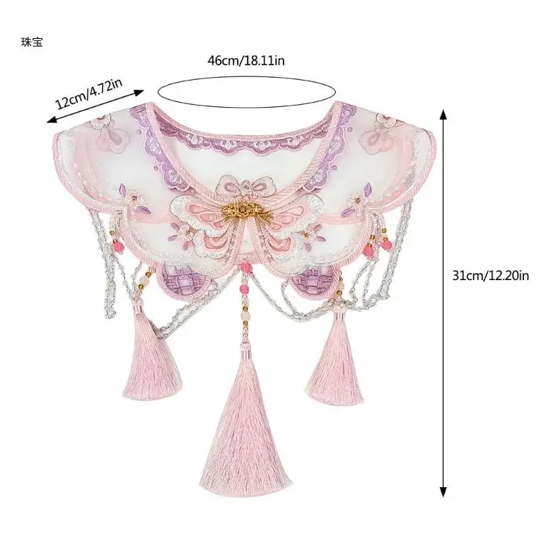 X5QE Embroidered Butterfly Shoulder Capelet Chinese Beads Tassels False Collar Shawl