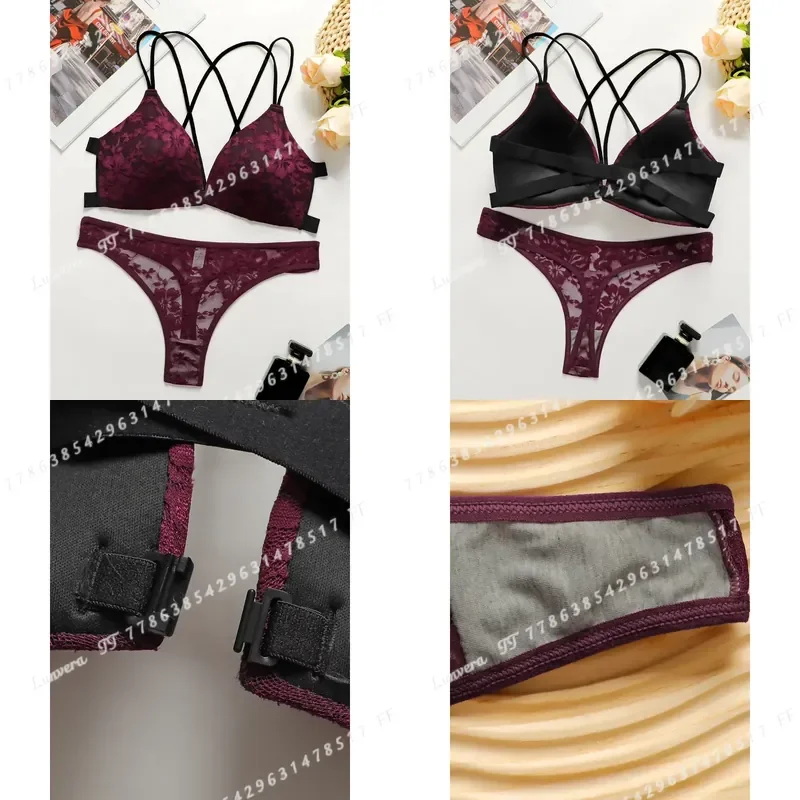 Sexy Burgundy Red Lace Wireless Front Closure Bra Set Push Up Padded Bralette and G-string Women Romantic Lingerie 70B-85B