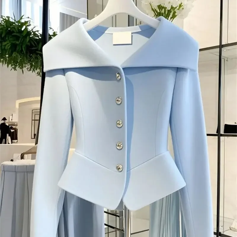 New Spring Autumn High End Blue Blouse Women Fashion Design Hem Irregular Shirt Large Lapel Long Sleeve Slim Single Breasted Top