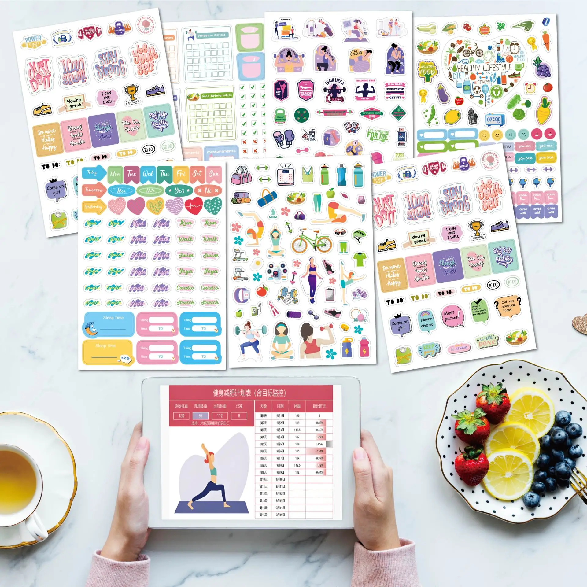 4 أوراق/مجموعة ملصقات اللياقة البدنية - أمي أو طالب، متتبع العادة، للمخطط الأسبوعي واليومي أو التقويم أو المجلات - ملصق للنساء