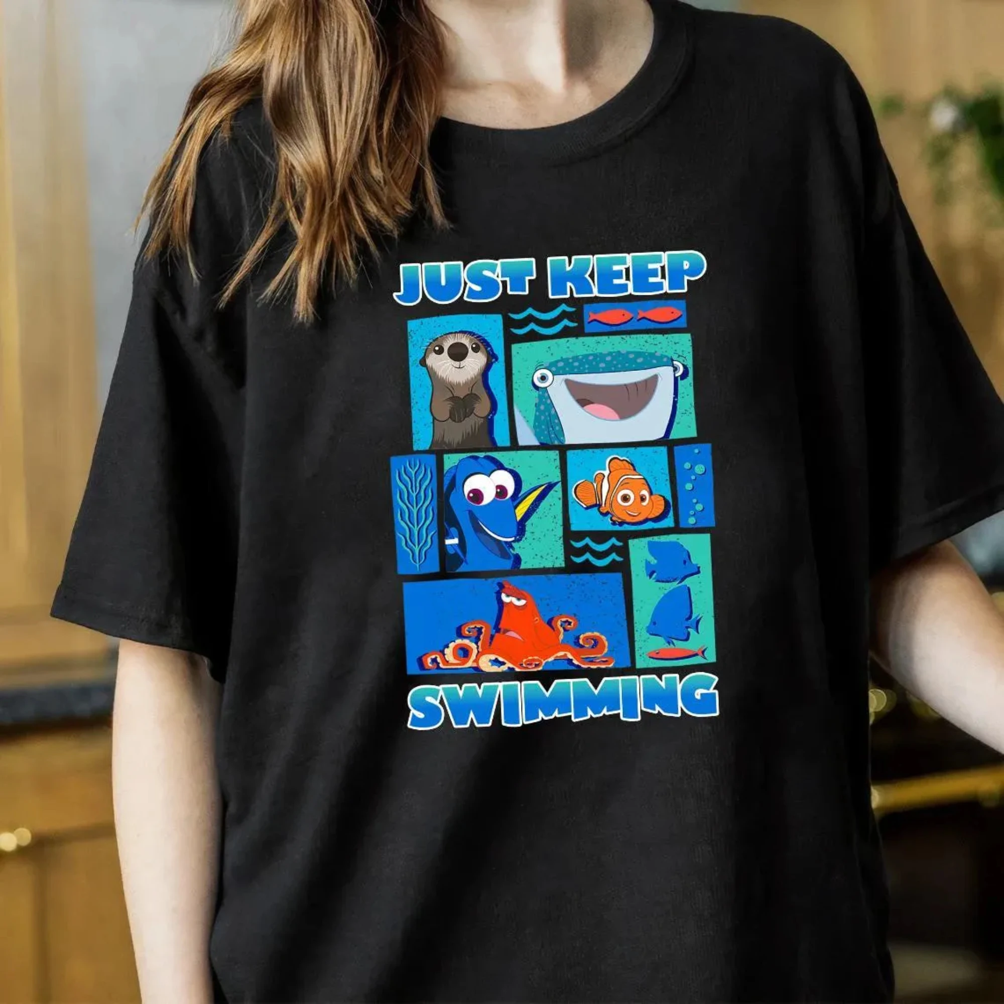 Disney Pixar Finding Dory Charaktere Just Keep Swimming Shirt, Disney Tee WDW Magic Kingdom, Disneyland Trip Familienurlaub