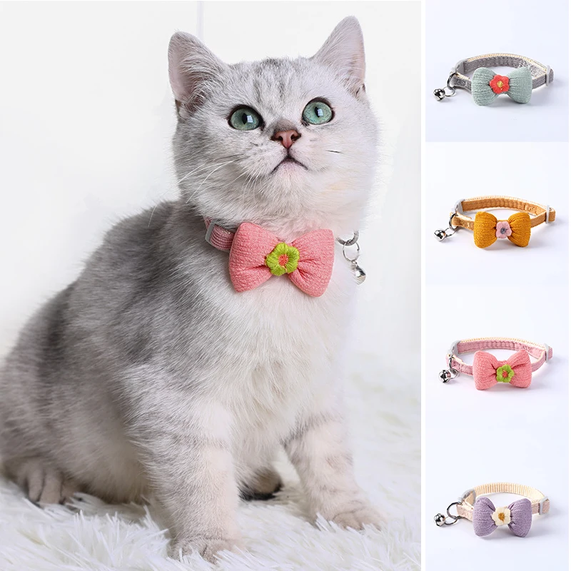 

Cute Pink Bowknot Cat Collar With Bells Personalized Flowers Decoration Necklace Cats Accessories Pets Daily Dress Up Collars