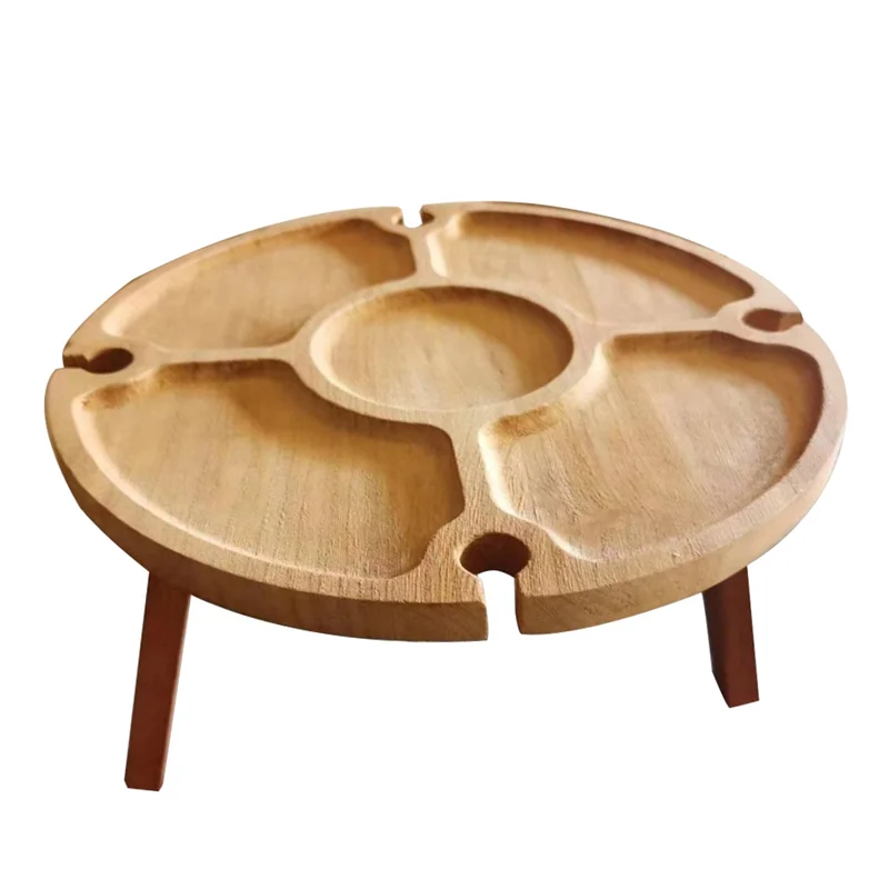 Mesa de picnic plegable de madera con soporte para copas de vino, estante portátil para copas de vino y plato compartimento para exteriores, fácil de usar
