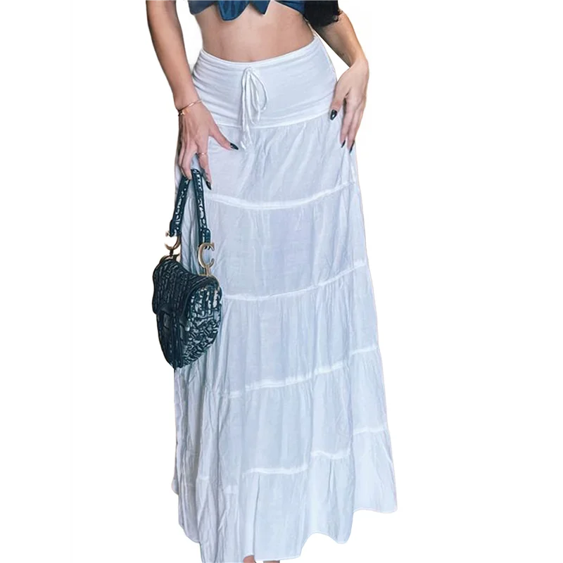 

A83F-Women's Summer Casual Elegant Smock Layered Tiered Maxi Skirt High Waisted A Line Flowy Long Skirts