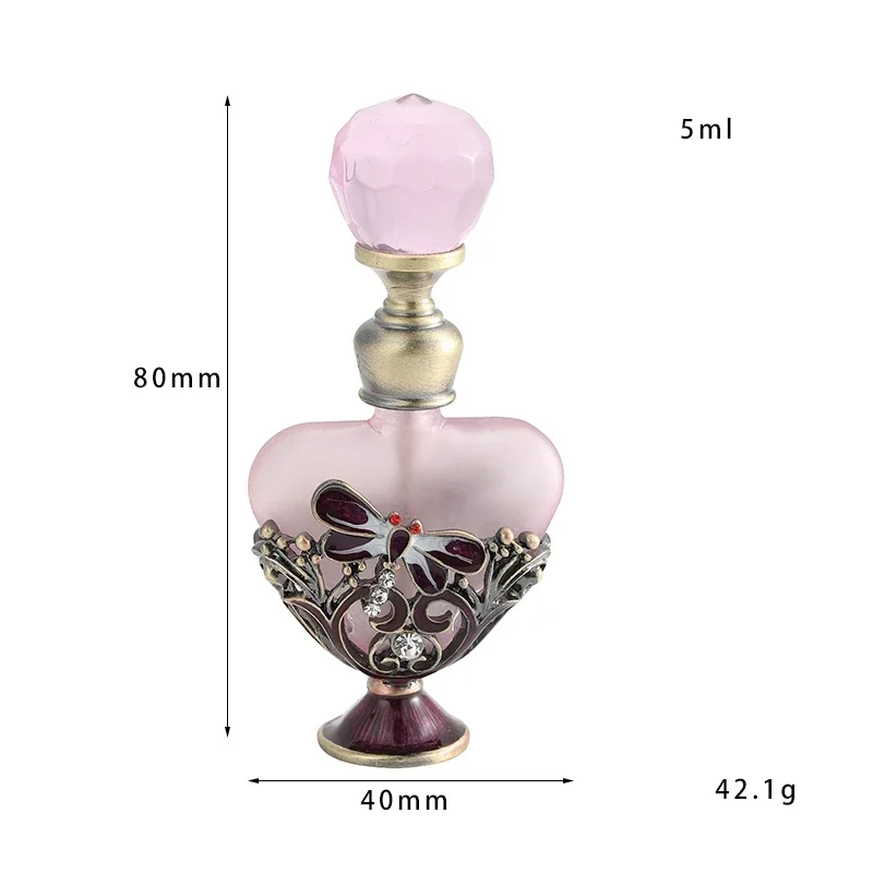 1pc Vintage Frosted Glass Perfume Bottle 5ml Metal Dragonfly Decor Heart Shape Container Diamond Cap Crystal Refillable Gifts