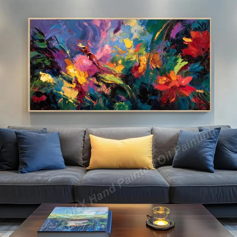 Impasto Handmade Oil Painting on Canvas - Abstract Floral Design Long Horizontal Wall Art Decor for Living Room Bold Color Style