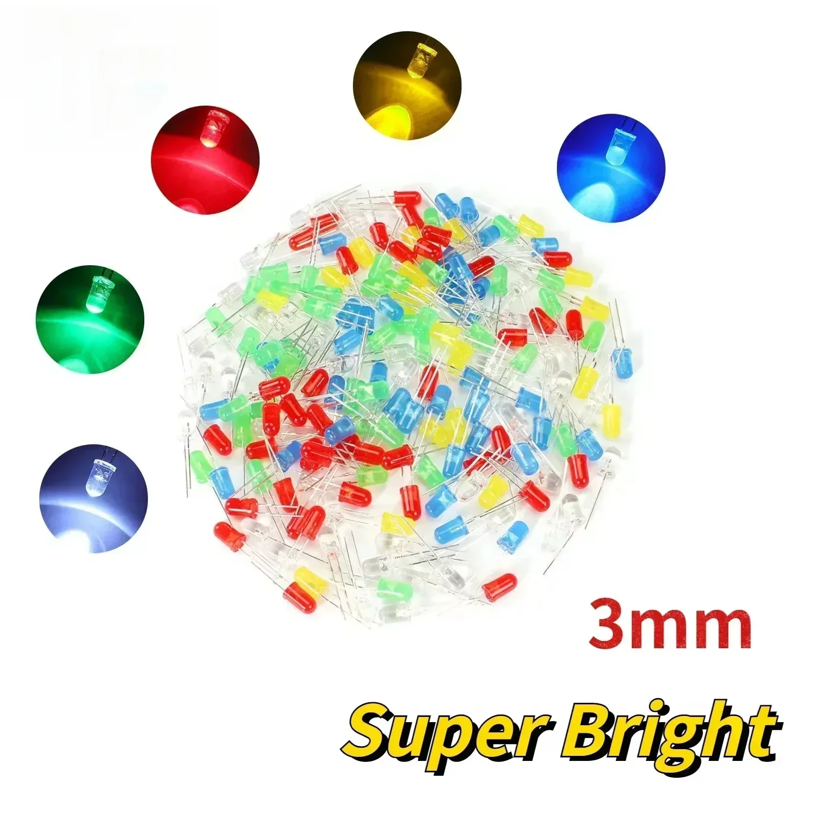 50PCS LED Diode 3MM F3 Ultra Bright White Red Yellow Blue Green Diode Kit Light Emitting Diodes Electronic Components Diy Kit