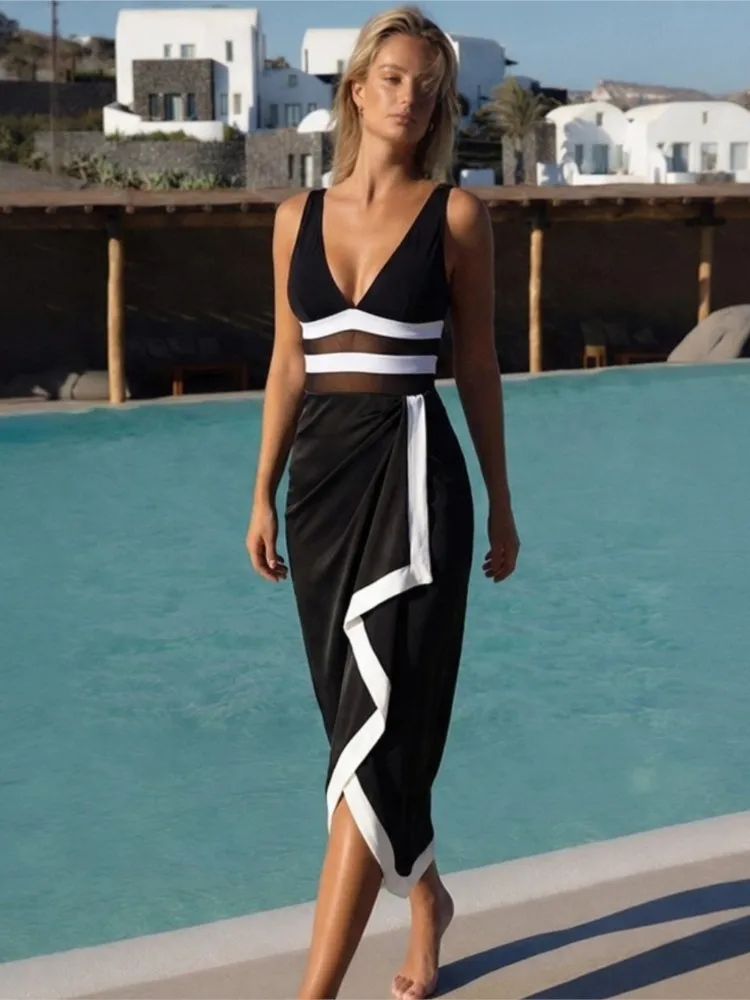Retro Bikini Printed Fashion Two Piece Swimsuit And Cover Up With Skirt Tight Women's Bandage Summer Beach Luxury Elegant