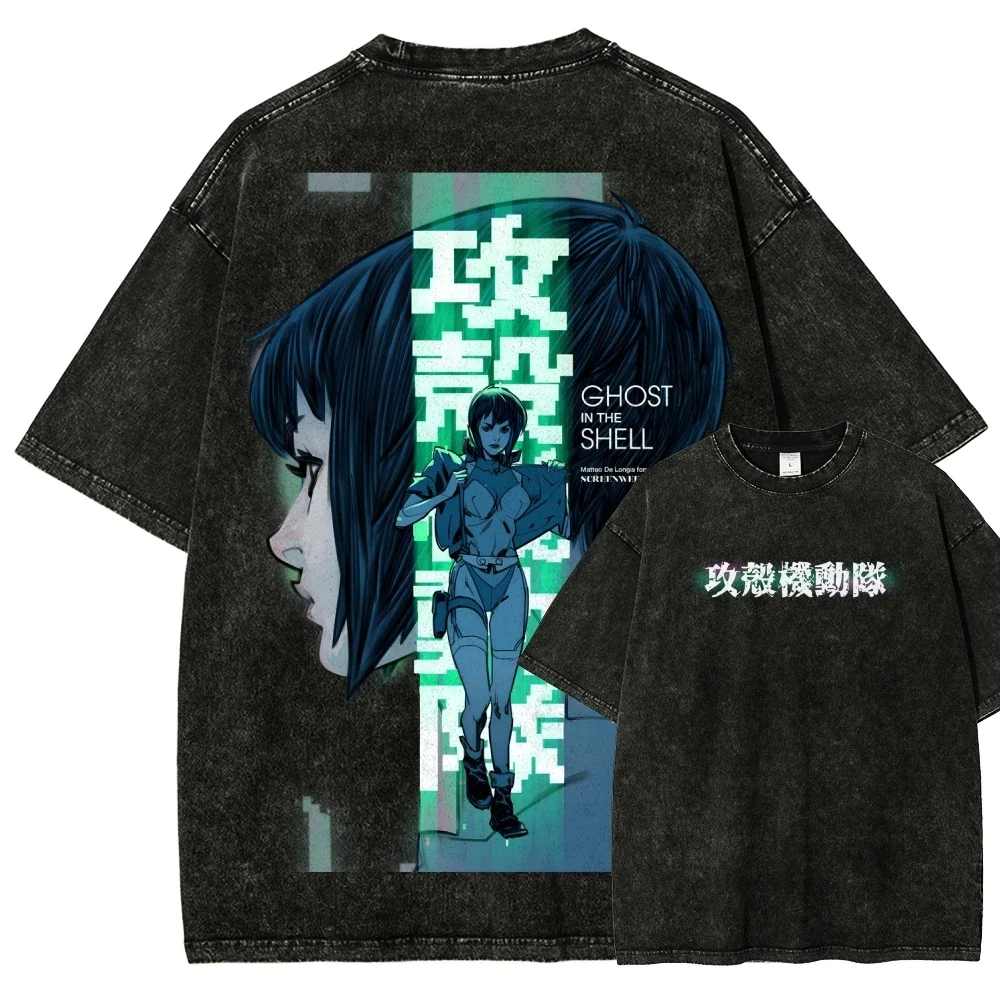 Camiseta Oversize de Algodón Lavado con Estampado de Personaje Cibernético Verde Neón Ghost In The Shell, Estilo Casual Urbano para Fans del Anime Vintage