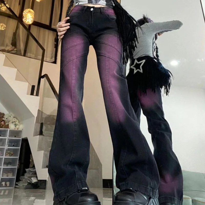 QWEEK Y2k Vintage Purple Flare Jeans Woman Straight Korean Casual Denim Pants Streetwear America Style Hip Hop Loose Trousers