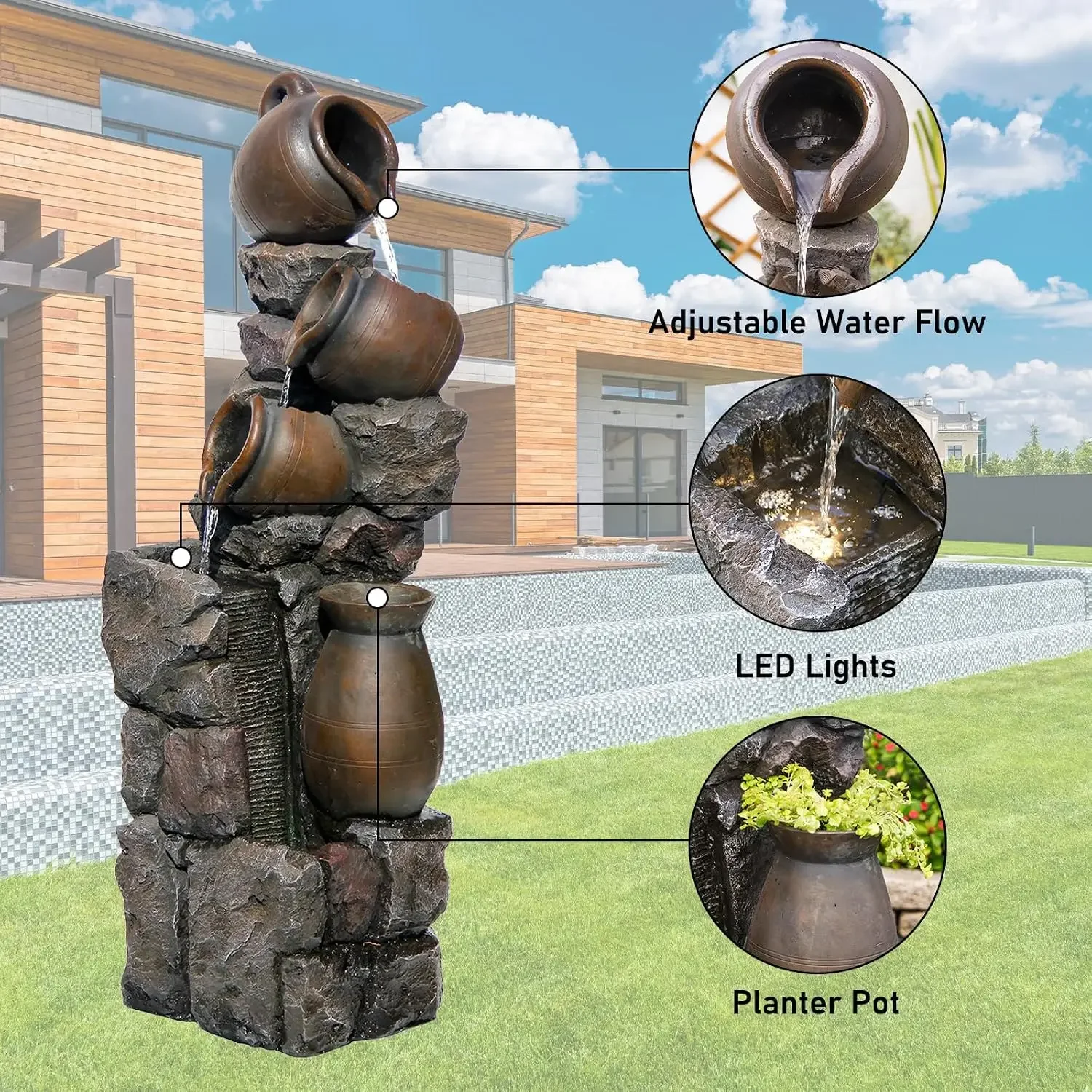 45.67''H Water Fountain Outdoor with Planter Pot 5 Tier Cascading Waterfall | Garden Fountains Indoor LED Lights Water Feature D