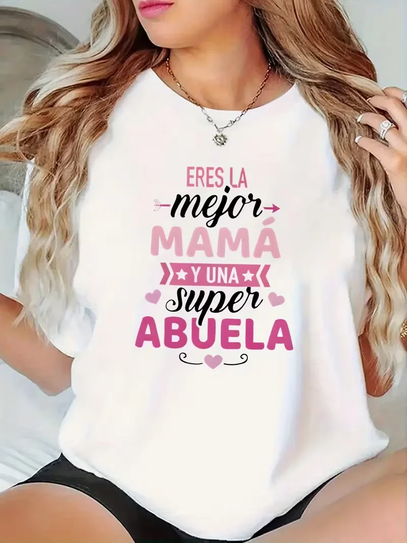 2026 Women's Casual Short Sleeve T-Shirt for Living Room Lightweight Comfortable Spanish Text for Family Gatherings and Daily Wear
