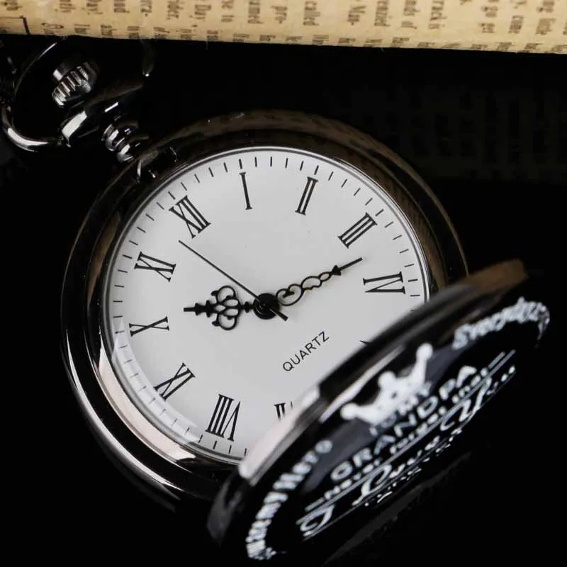 الرجال الكلاسيكية تاج "Love Grandpa Forever" ساعة جيب سوداء قلادة قلادة هدايا للرجال Reloj De Bolsillo Antiguo