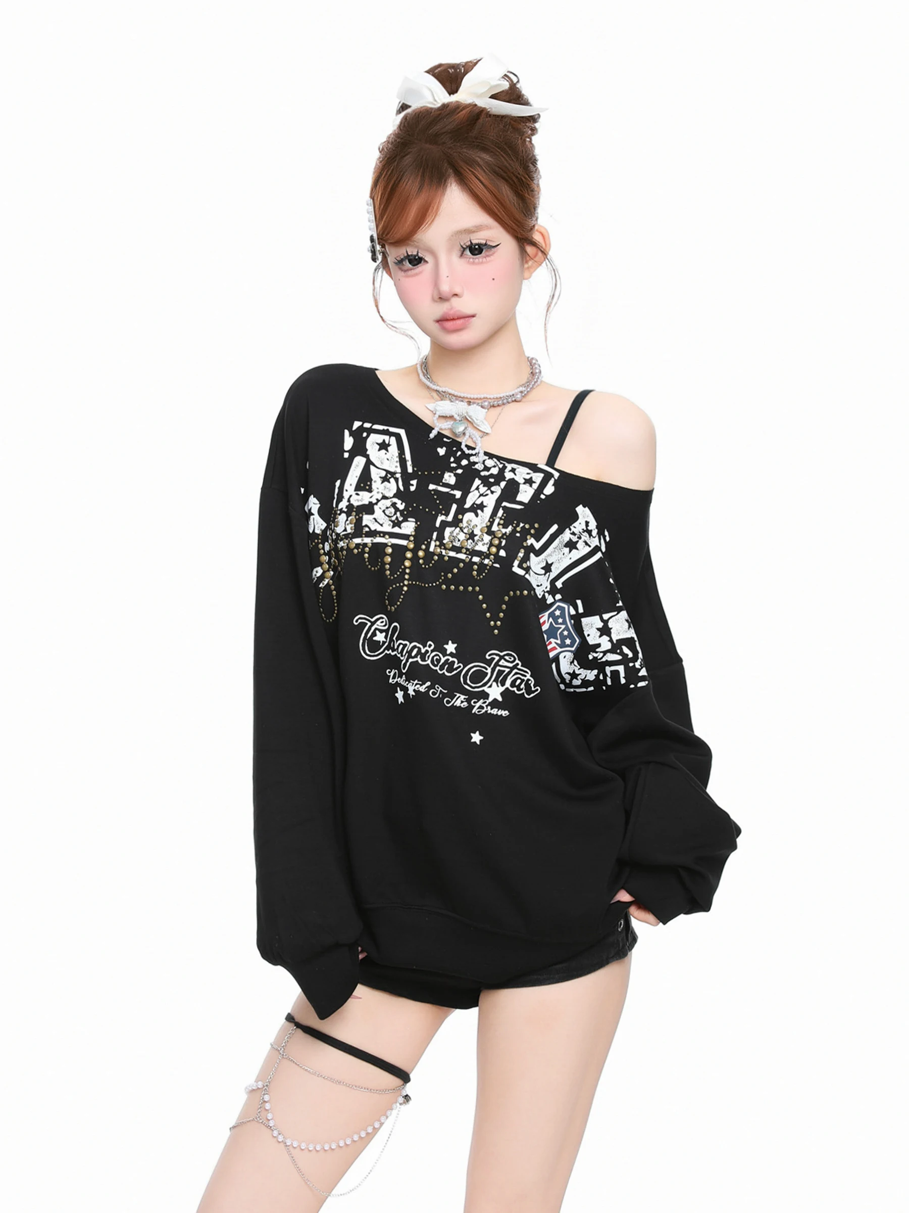 Basterds American Retro Letter Print Shoulder T-Shirt Women's Spring Spicy Girl Rivet Design Sense Top Long Sleeve Casual Str...