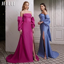 JEHETH Satin Evening Dress Women Sexy High Slit Mermaid Formal Party Gown Strapless With Bow Prom vestidos de fiesta Boat Neck