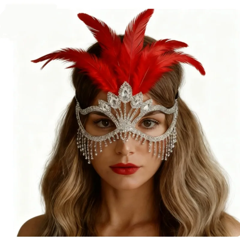 Máscara de mascarada de plumas para mujer, máscara de Mardi Gras, máscaras de diamantes de imitación plateadas brillantes, accesorios para fiesta de disfraces, noche y graduación
