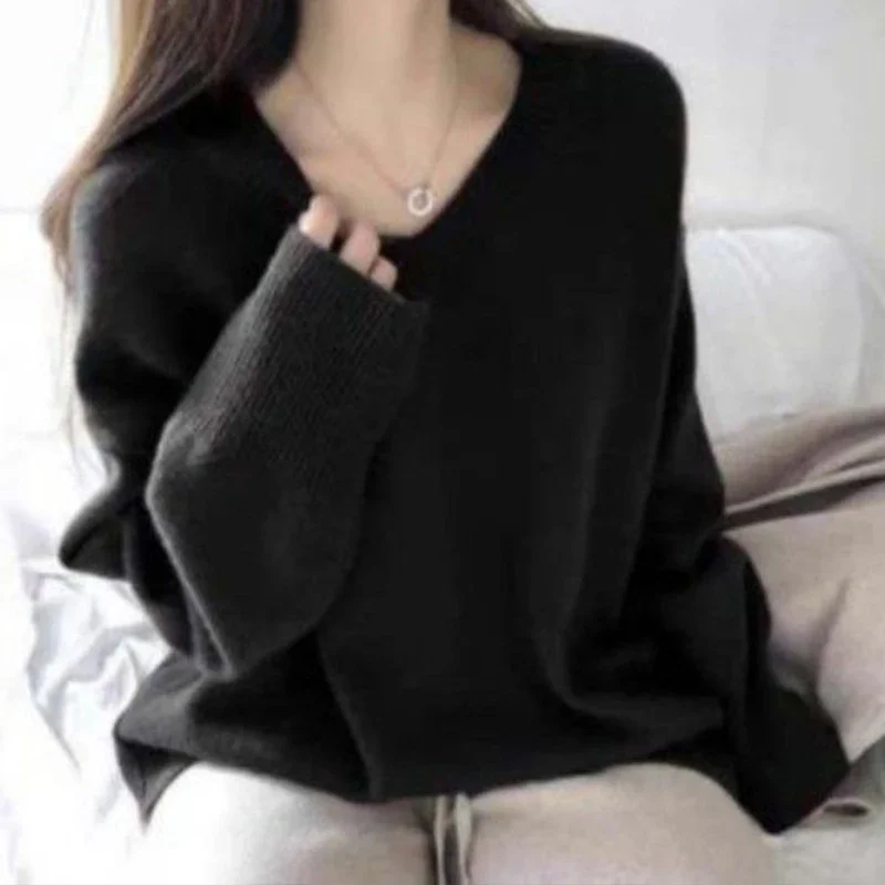 Autumn/winter New Loose Vintage Solid Color Pullover Knitted Sweater Fashion Casual High Quality V-neck Comfortable Women's Top