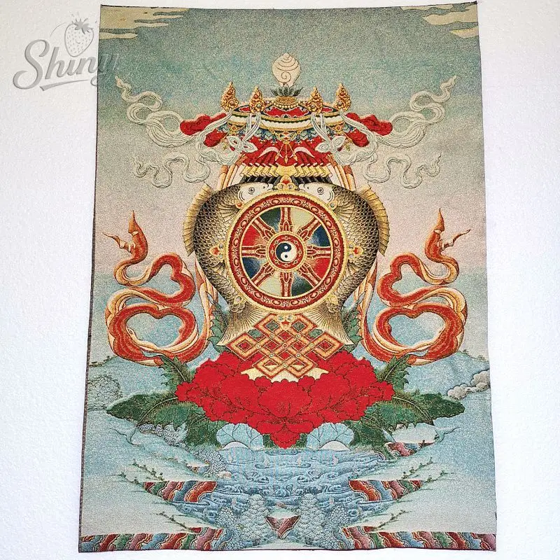 

Double Fish Eight Treasures Mandala Brocade Tibetan Tangka Embroidery Painting Gold Thread Embroidery Decorative Hanging Arts